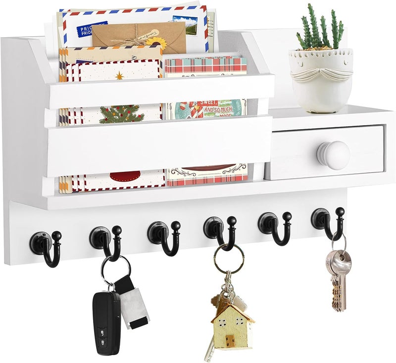 VIS'V Key Holder Wall Mount, Wooden Mail and Key Organizer with Drawer and Shelf, 2 Slots, 6 Hooks, White - Image 1